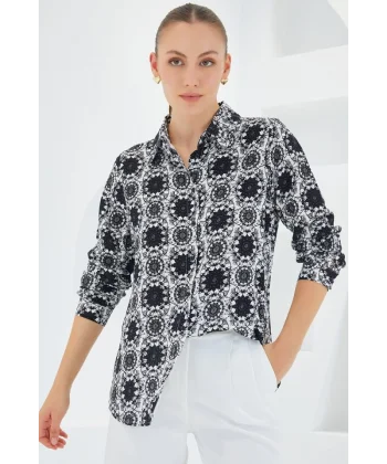 3721 Grafik Desenli Gömlek  K. Siyah