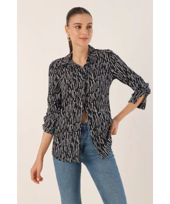 3721 Grafik Desenli Gömlek  M.Siyah