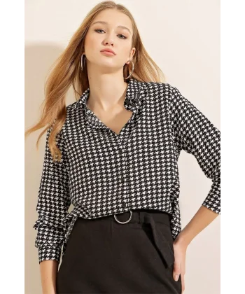 3721 Grafik Desenli Gömlek  Siyah  Beyaz