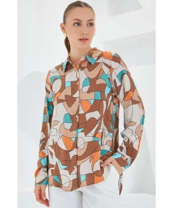 3721 Grafik Desenli Gömlek  Sütlü Kahve