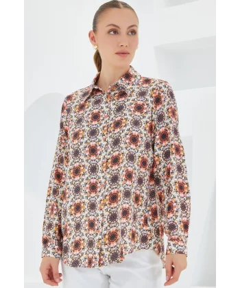 3721 Grafik Desenli Gömlek  Turuncu