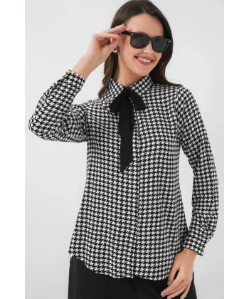 3768 Desenli Viskon Gömlek  Siyah  Beyaz