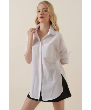 3879 Oversize Cepli Gömlek - Beyaz