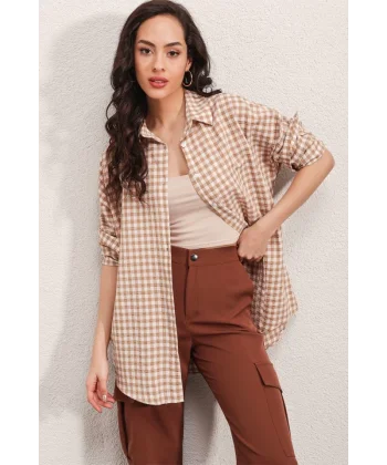 3900 Oversize Kareli Gömlek - Y.Bej