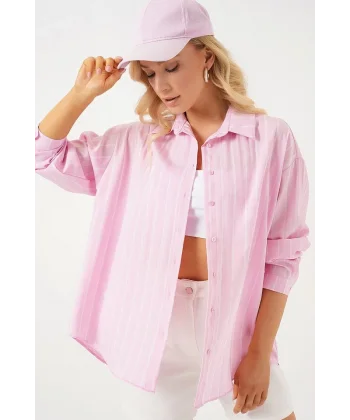 3900 Oversize Kareli Gömlek - Y.Pembe
