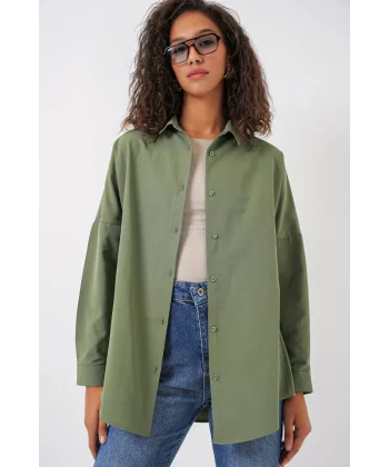 3900 Oversize Uzun Basic Gömlek  A.Haki