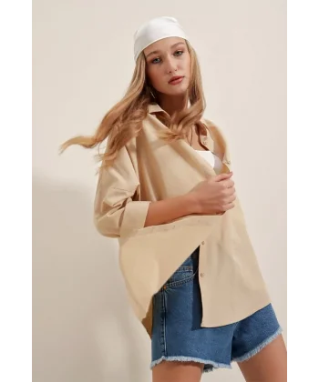 3900 Oversize Uzun Basic Gömlek  Bej