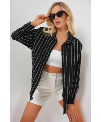 3900 Oversize Uzun Basic Gömlek - C. Siyah