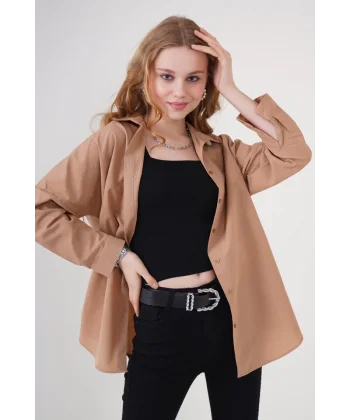 3900 Oversize Uzun Basic Gömlek  Camel