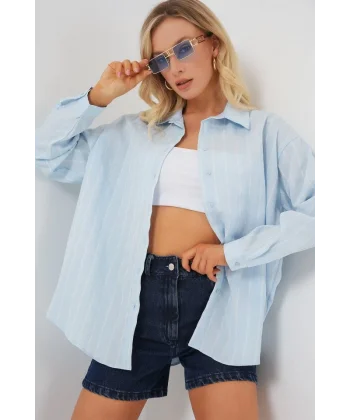 3900 Oversize Uzun Basic Gömlek - C.Mavi