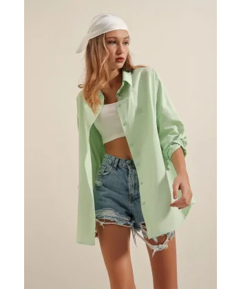 3900 Oversize Uzun Basic Gömlek  E.Yeşil