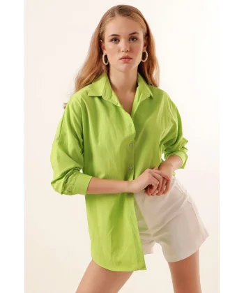 3900 Oversize Uzun Basic Gömlek - G.Yeşil