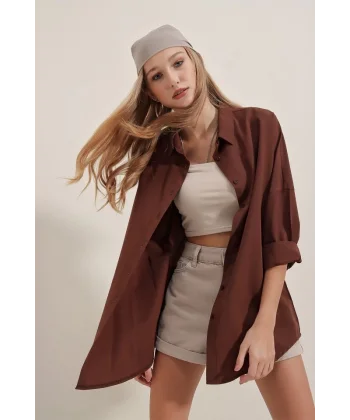 3900 Oversize Uzun Basic Gömlek  Kahverengi