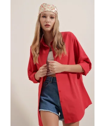 3900 Oversize Uzun Basic Gömlek  Kırmızı