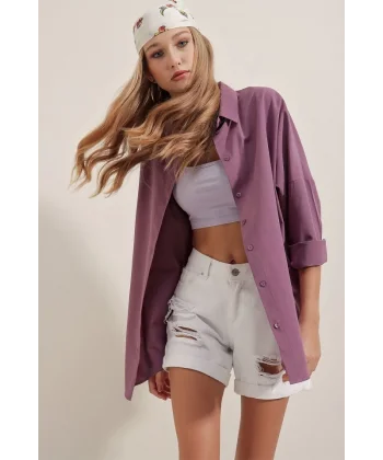 3900 Oversize Uzun Basic Gömlek - Koyu Lila