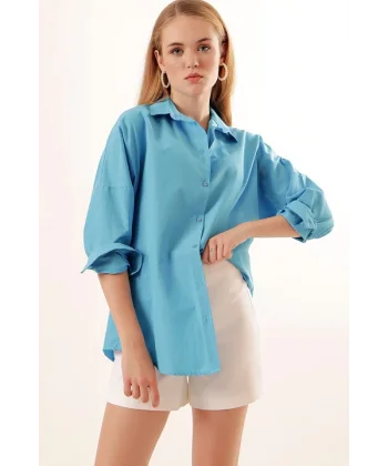 3900 Oversize Uzun Basic Gömlek  Koyu Mavi