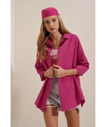 3900 Oversize Uzun Basic Gömlek  Koyu Pembe