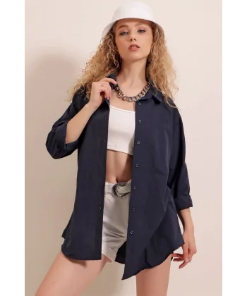 3900 Oversize Uzun Basic Gömlek  Lacivert