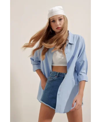 3900 Oversize Uzun Basic Gömlek  Mavi