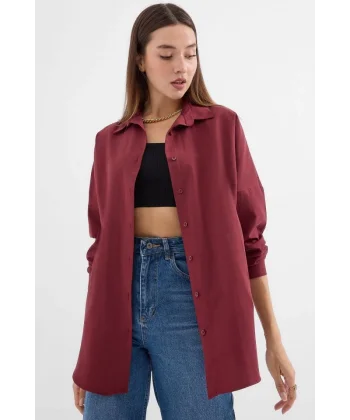 3900 Oversize Uzun Basic Gömlek  Mürdüm