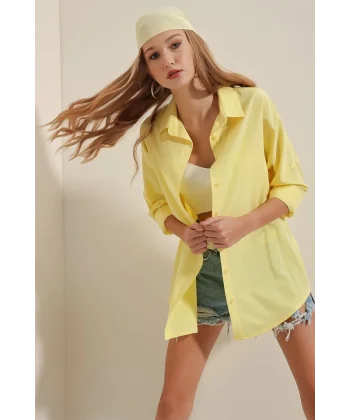 3900 Oversize Uzun Basic Gömlek  Sarı