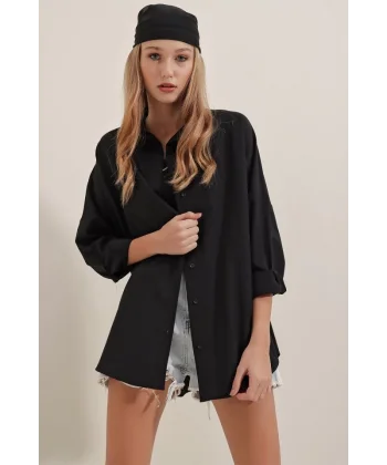 3900 Oversize Uzun Basic Gömlek  Siyah