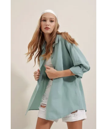3900 Oversize Uzun Basic Gömlek - Su Yeşili