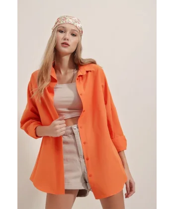 3900 Oversize Uzun Basic Gömlek  Turuncu