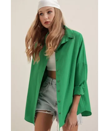 3900 Oversize Uzun Basic Gömlek  Yeşil