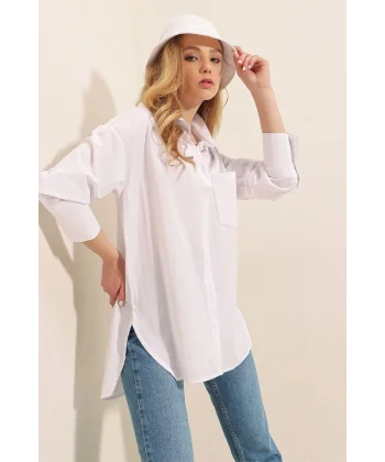 3952 Arkası Düğmeli Boyfriend Gömlek - Beyaz