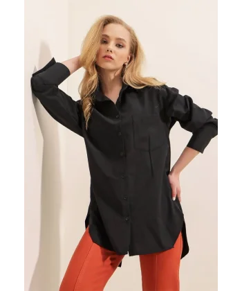 3952 Arkası Düğmeli Boyfriend Gömlek  Siyah