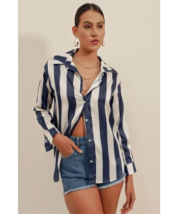 3964 Hafif Dökümlü Çizgili Saten Gömlek - A.Lacivert