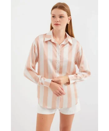 3964 Hafif Dökümlü Çizgili Saten Gömlek  Bisküvi