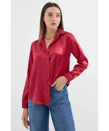 3964 Hafif Dökümlü Saten Gömlek  A.Bordo