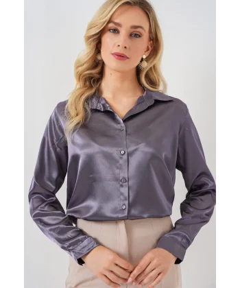 3964 Hafif Dökümlü Saten Gömlek - Antrasit