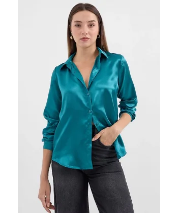 3964 Hafif Dökümlü Saten Gömlek  A.Yeşil