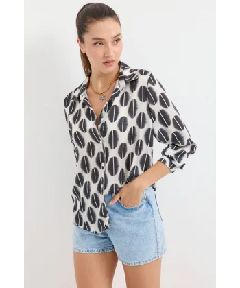 3964 Hafif Dökümlü Saten Gömlek  B. Siyah