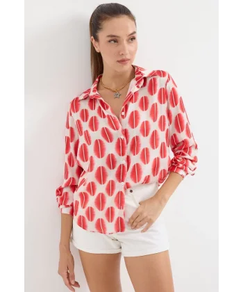 3964 Hafif Dökümlü Saten Gömlek  B.Kırmızı