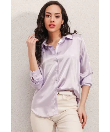 3964 Hafif Dökümlü Saten Gömlek  B.Lila