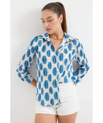 3964 Hafif Dökümlü Saten Gömlek  B.Mavi