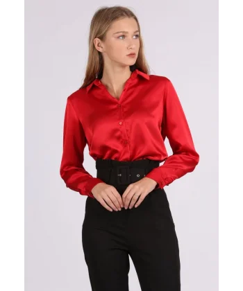 3964 Hafif Dökümlü Saten Gömlek  Bordo