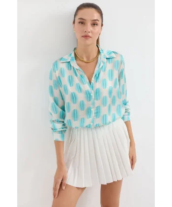 3964 Hafif Dökümlü Saten Gömlek  B.Turkuaz