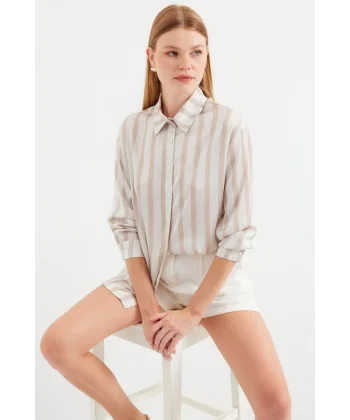 3964 Hafif Dökümlü Saten Gömlek  C. Bej