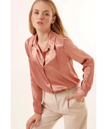 3964 Hafif Dökümlü Saten Gömlek  Camel