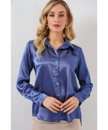3964 Hafif Dökümlü Saten Gömlek - C.Lacivert