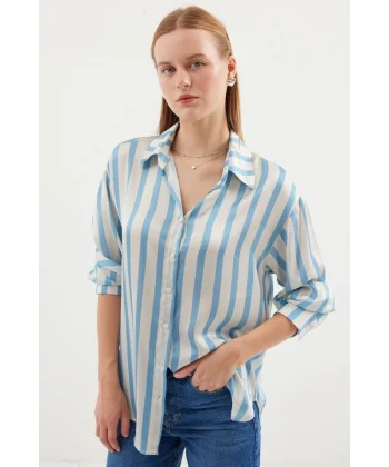 3964 Hafif Dökümlü Saten Gömlek  E. Mavi