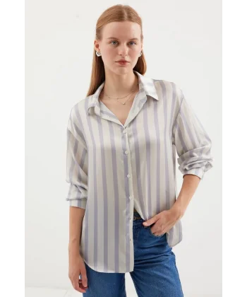 3964 Hafif Dökümlü Saten Gömlek  F.Gri