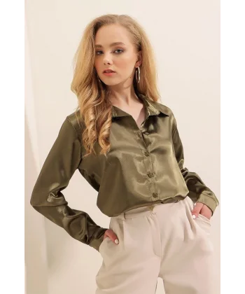 3964 Hafif Dökümlü Saten Gömlek - Haki