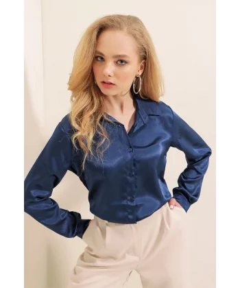 3964 Hafif Dökümlü Saten Gömlek  Lacivert