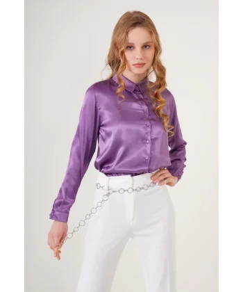 3964 Hafif Dökümlü Saten Gömlek - Mor